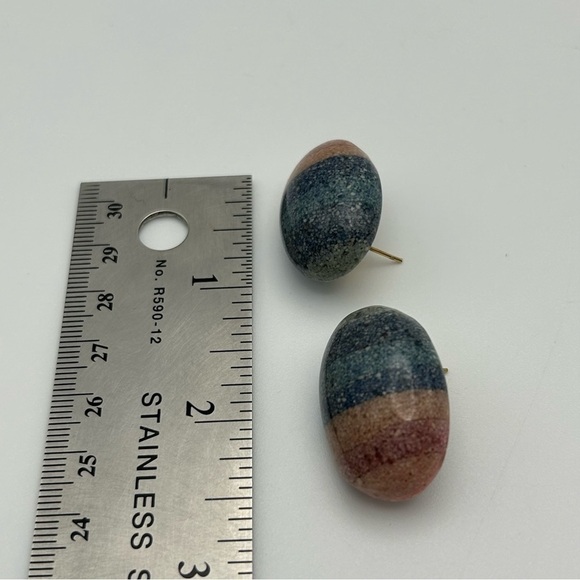 Vintage 3D Chunky Layered Pink and Blue Round Egg Pierced Stud Earrings - Picture 5 of 7